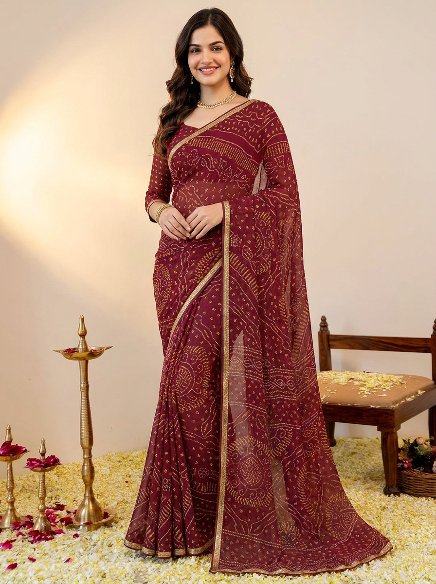 Ishani Bandhani Printed Chiffon Saree with Lace Border - 02 hero (3)
