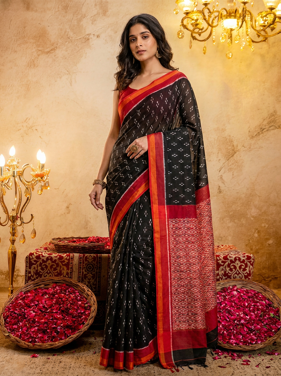 Rama green ikkat print cotton saree with blouse