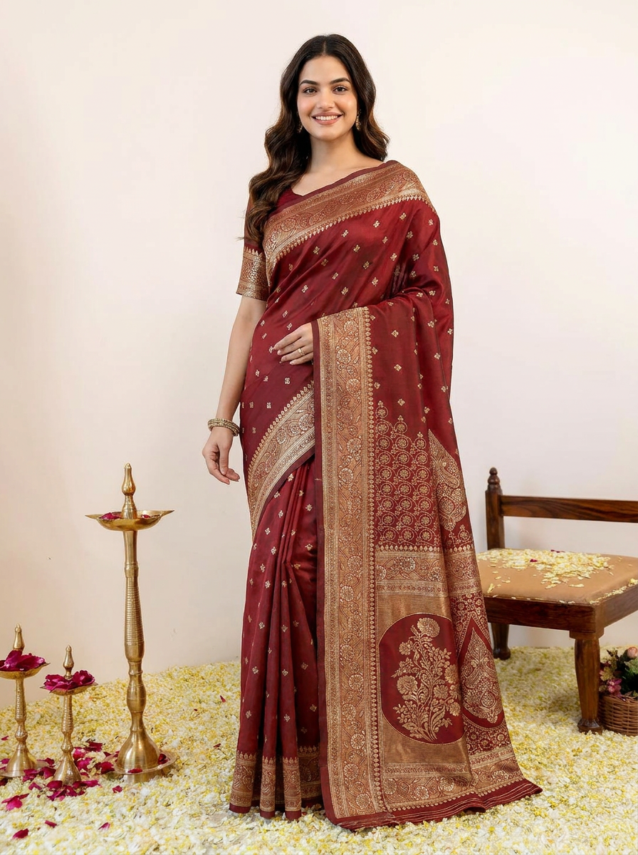 Royal Maroon Banarasi Silk Saree with Rich Golden Zari Border - 02 hero (4)