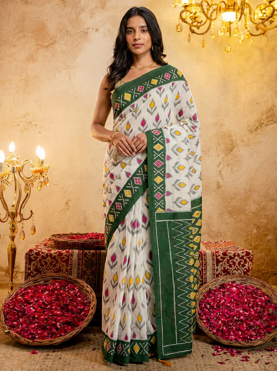 Rama green ikkat print cotton saree with blouse