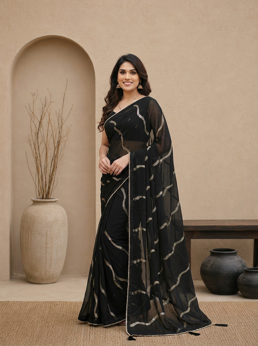 Swarna Stripe Tassel Georgette Saree