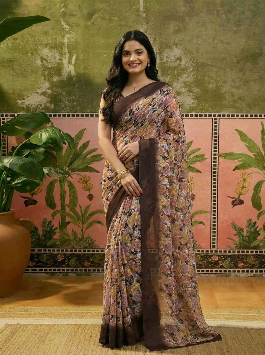 Elegant Black Floral Printed Chiffon Saree with Stylish Border Ã¢â‚¬â€œ Party & Festive Wear - 02 hero