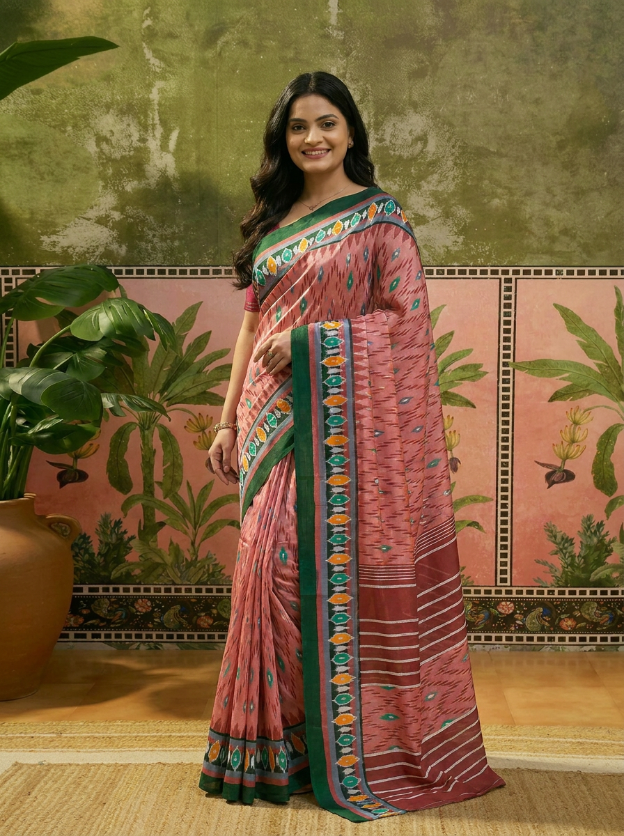 Pure Cotton Peach Saree with Green Border & Ethnic Prints - 02 hero