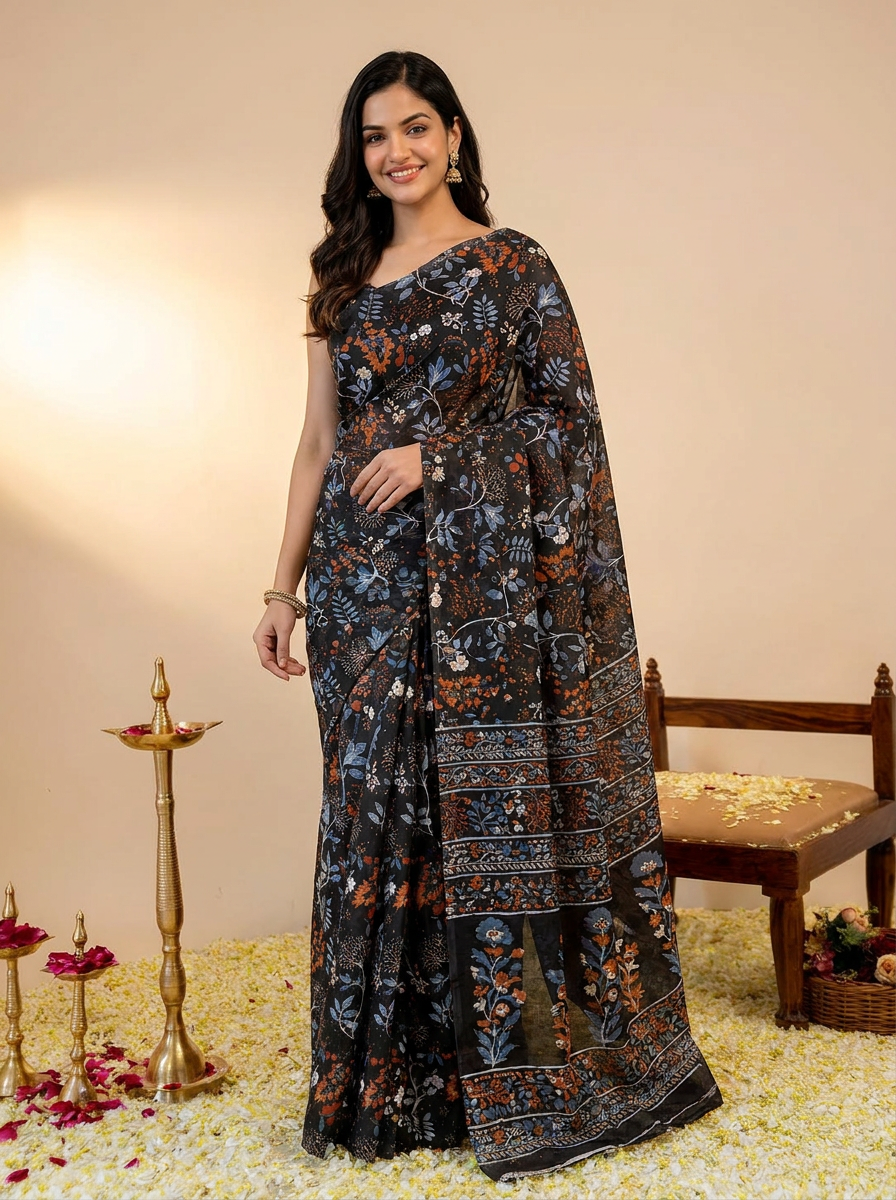Black Floral Daily Wear Cotton Saree: Focuses on its suitability for everyday comfort and style.
