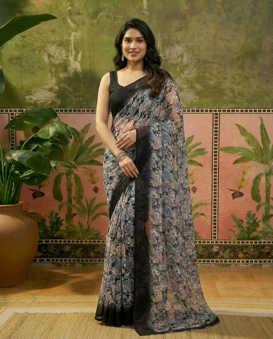 Elegant Black Floral Printed Chiffon Saree with Stylish Border – Party & Festive Wear