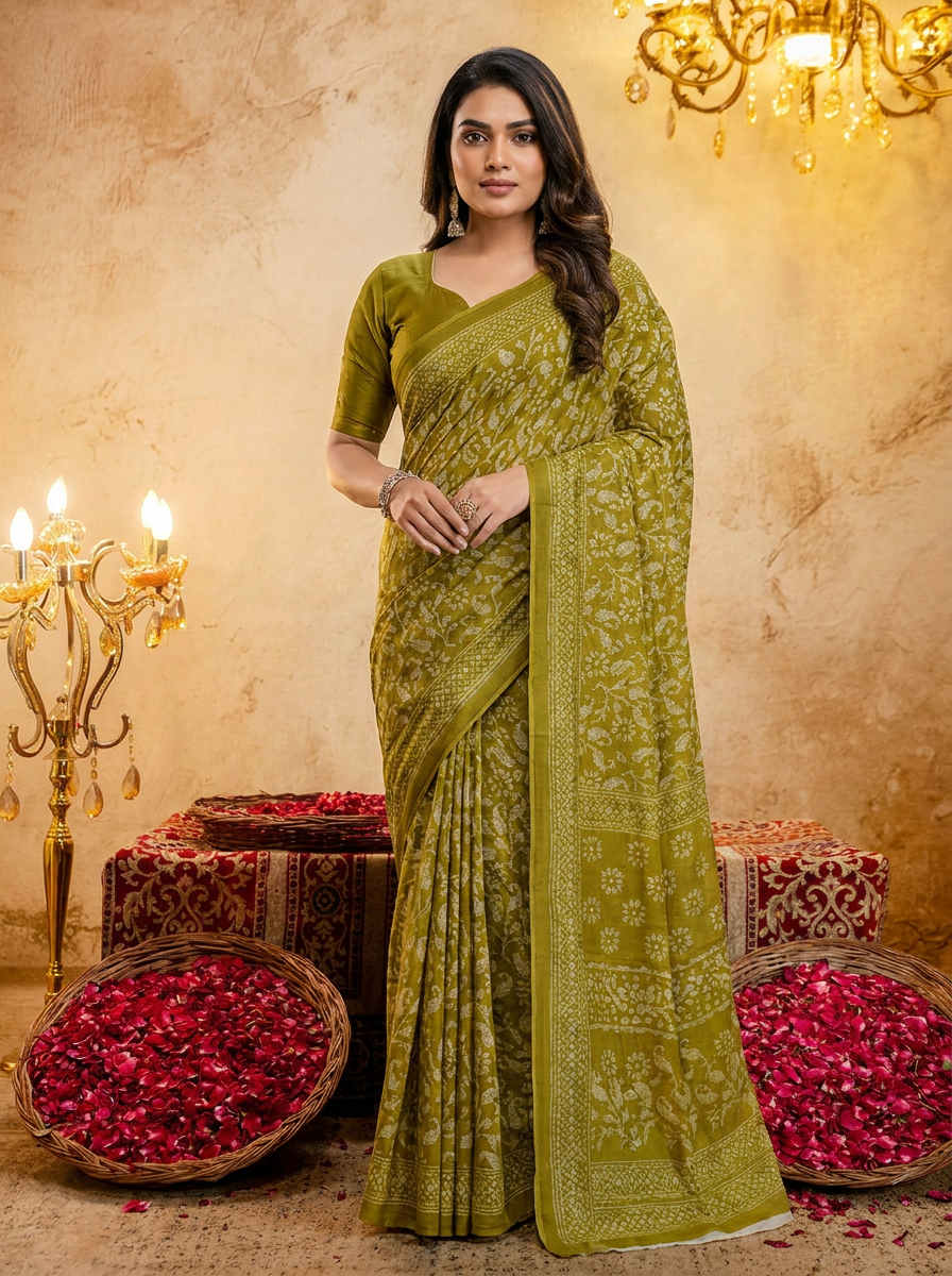 Sea Blue Cotten Saree with Golden Paisley Prints - 02 hero