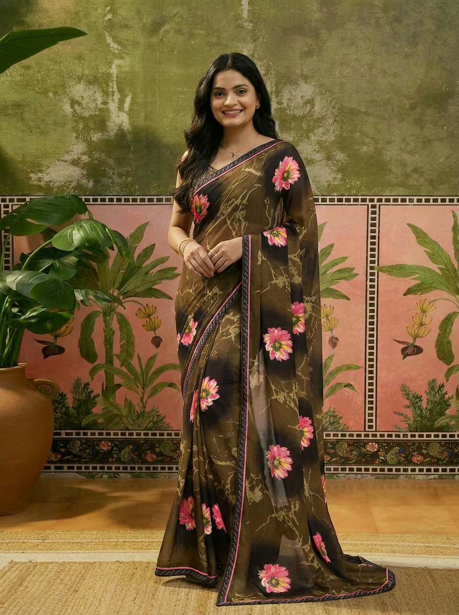 Elegant Olive Brown Floral Printed Saree with Pink Flower Design Ã¢â‚¬â€œ Stylish Party & Casual Wear - 02 hero