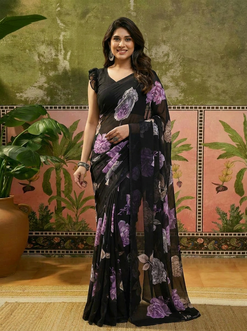 Elegant Black Floral Printed Chiffon Saree with Flower Design Ã¢â‚¬â€œ Stylish Party & Casual Wear - 02 hero