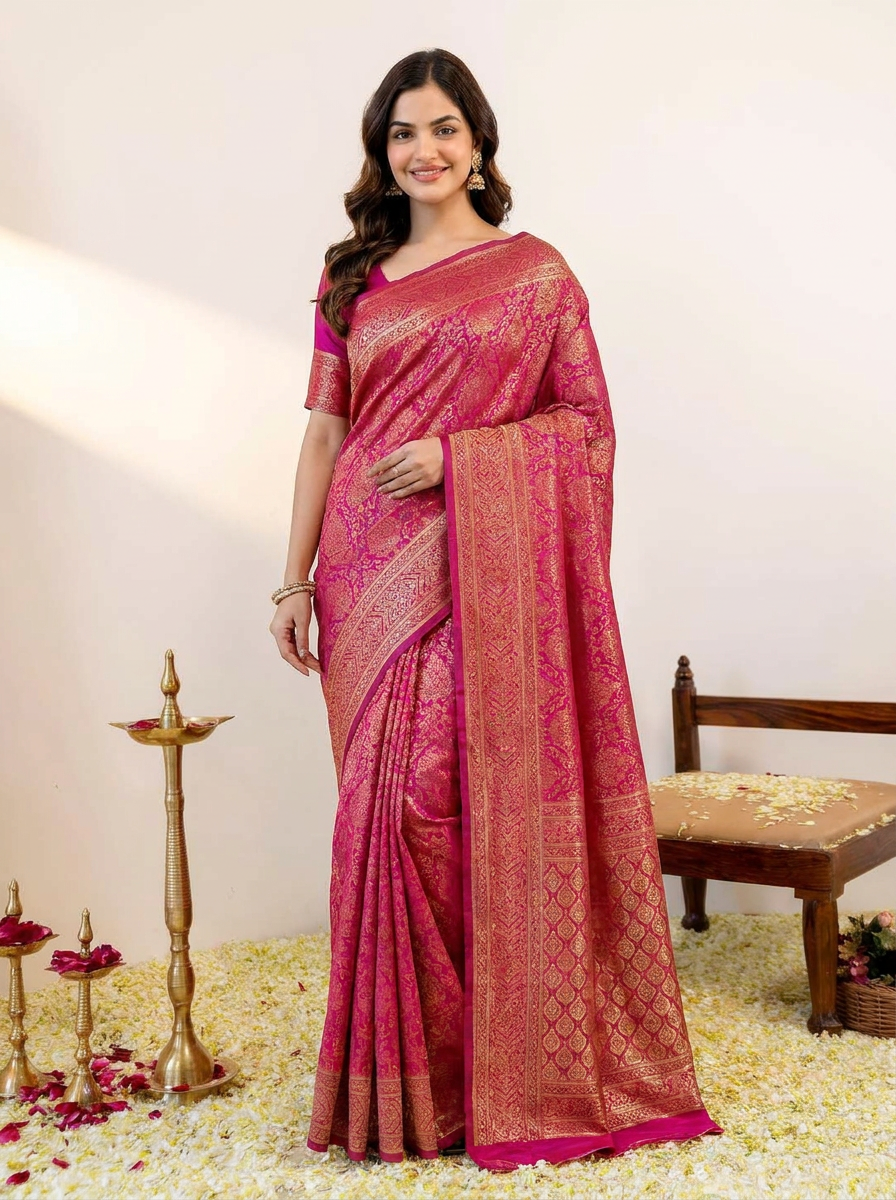 Vibrant Rani Pink Banarasi Silk Saree with Elegant Zari Weaving