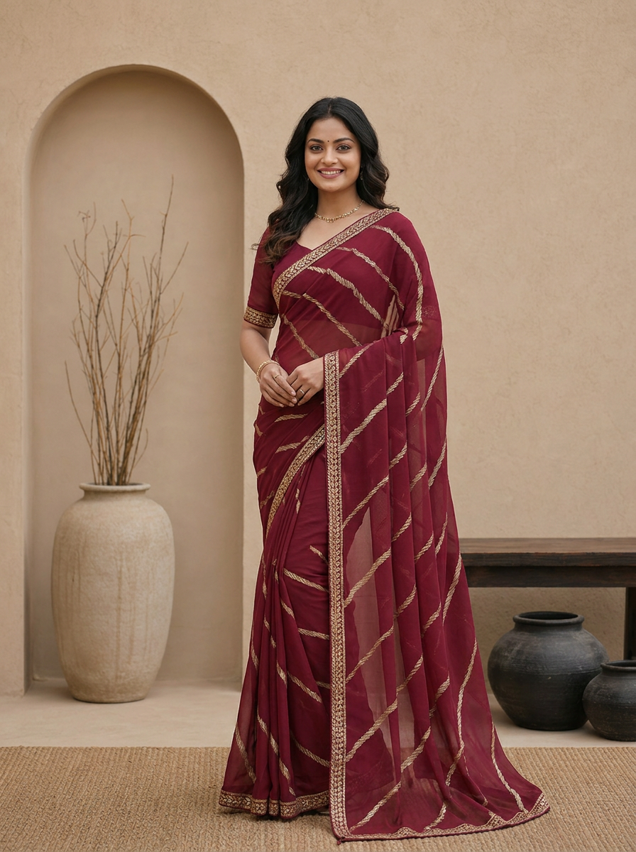 Swarna Stripe Tassel Georgette Saree