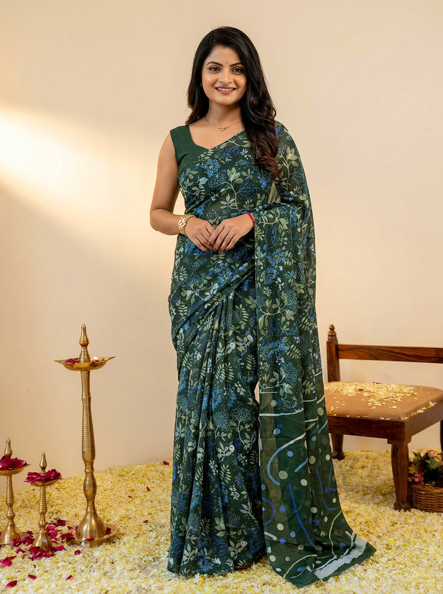 Black Floral Daily Wear Cotton Saree: Focuses on its suitability for everyday comfort and style.
