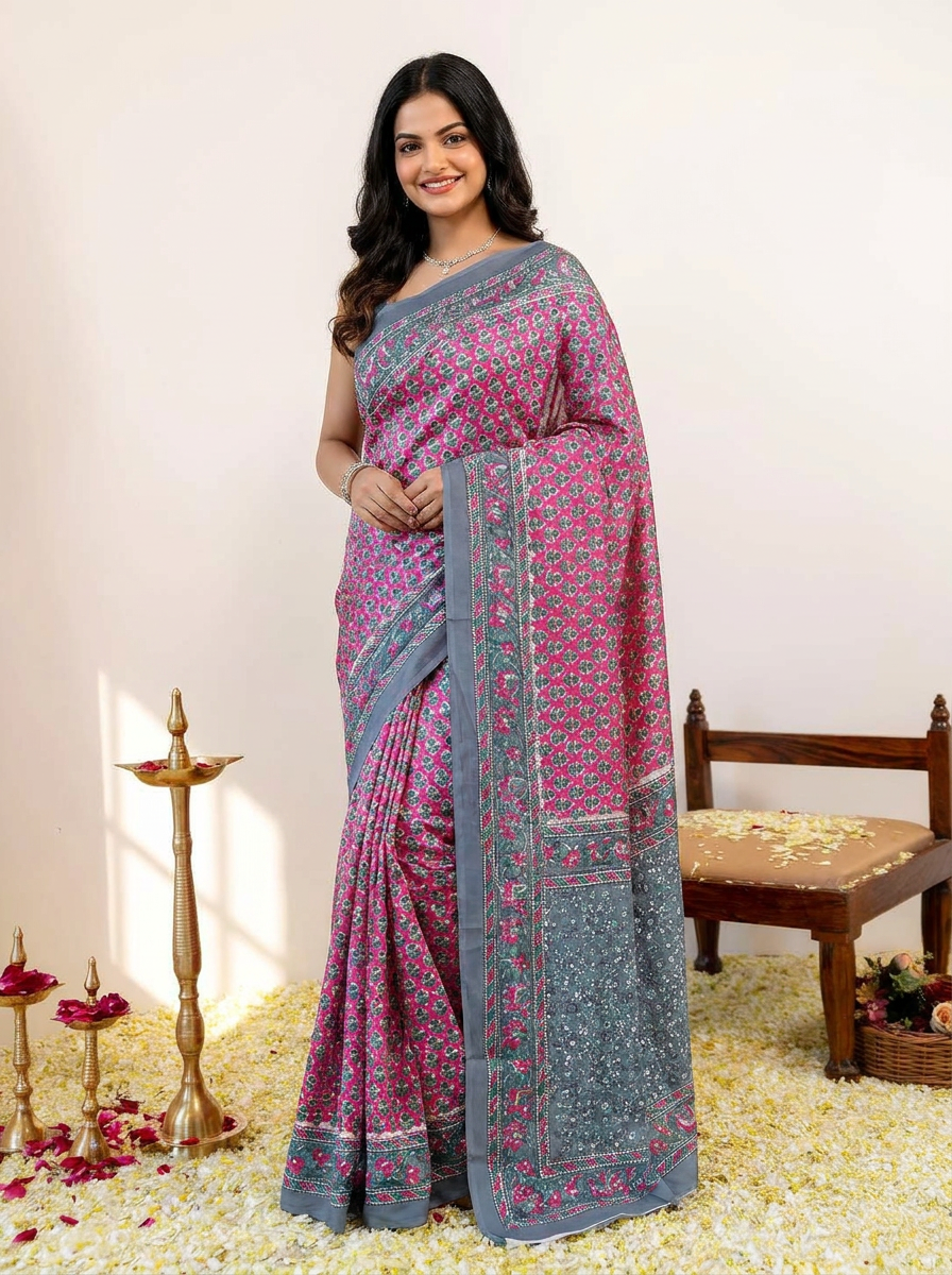 Pure Cotton Pink Saree with Grey Border & Floral Motifs