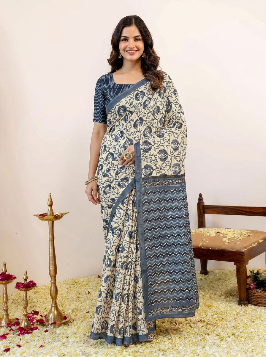 Elegant Pure Cotton Ivory & Grey Printed Saree with Designer Border - 02 hero