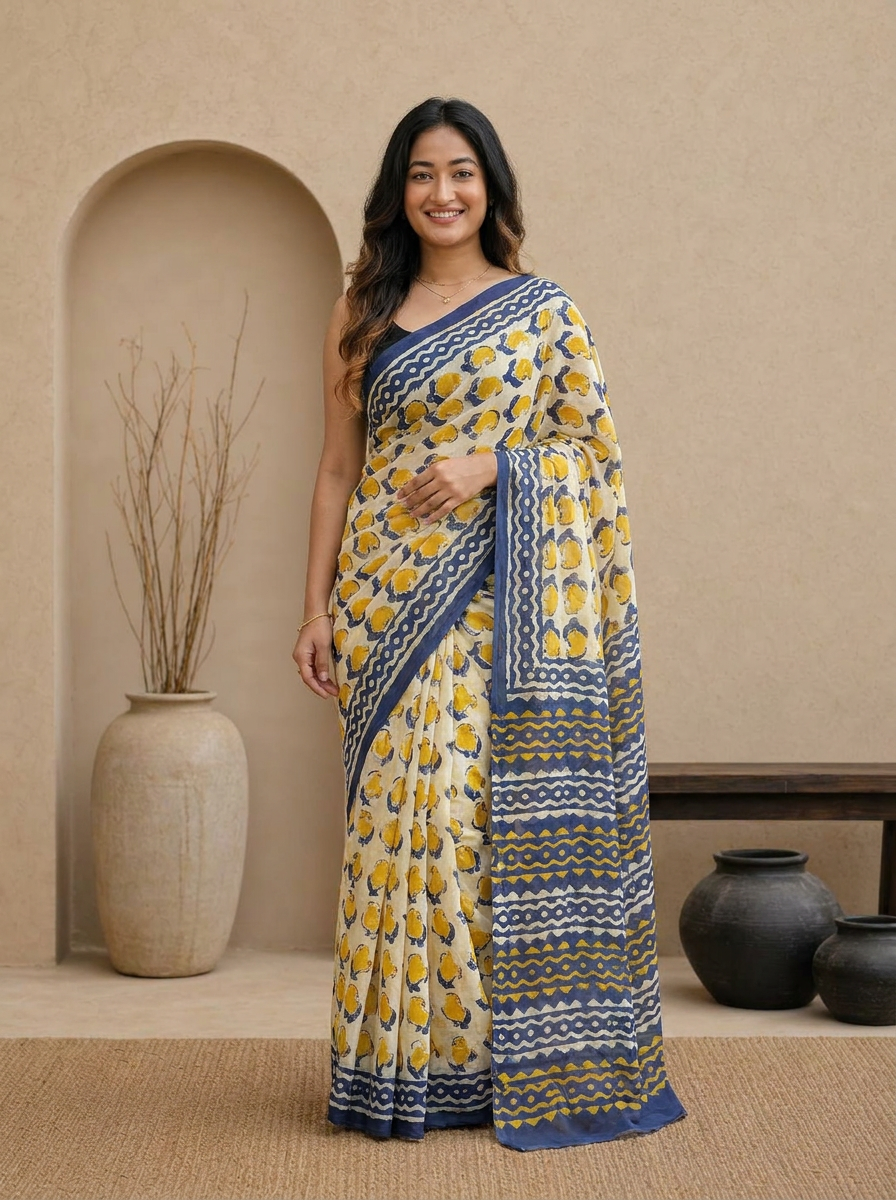 Pure Cotton Mustard Yellow Saree with Navy Blue Ethnic Prints - 02 hero