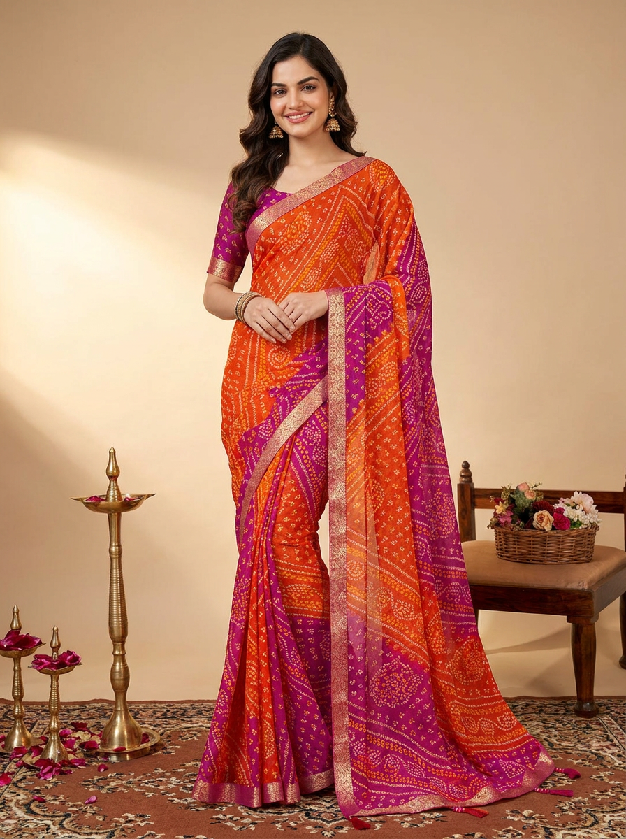 Ishani Bandhani Printed Chiffon Saree with Lace Border - 02 hero