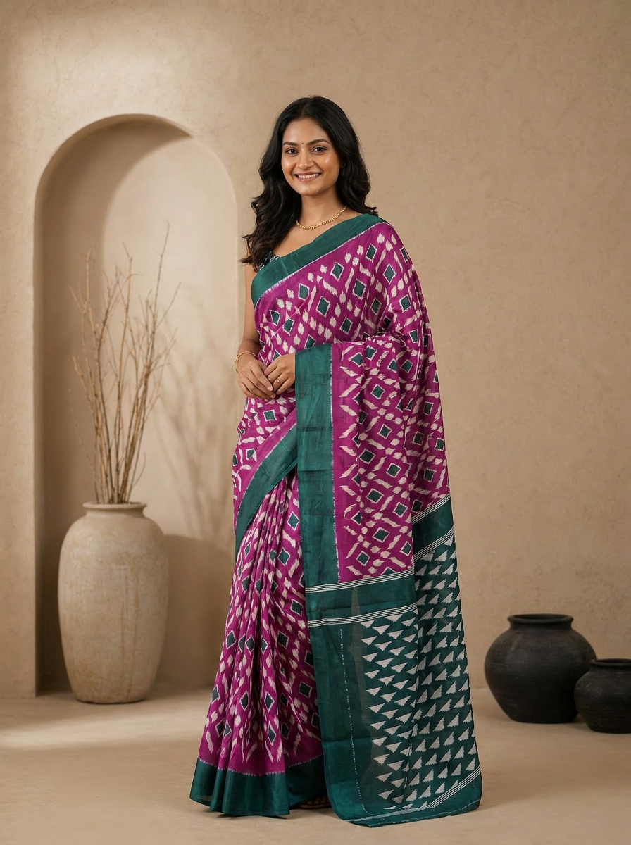 Pure Cotton Pink Saree with Rama Border & Floral Motifs - 02 hero