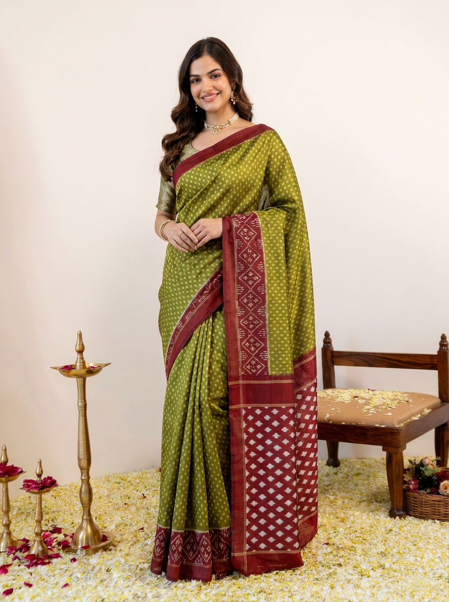 Traditional Pure Cotton Green Saree with Maroon Border & Ethnic Print - 02 hero