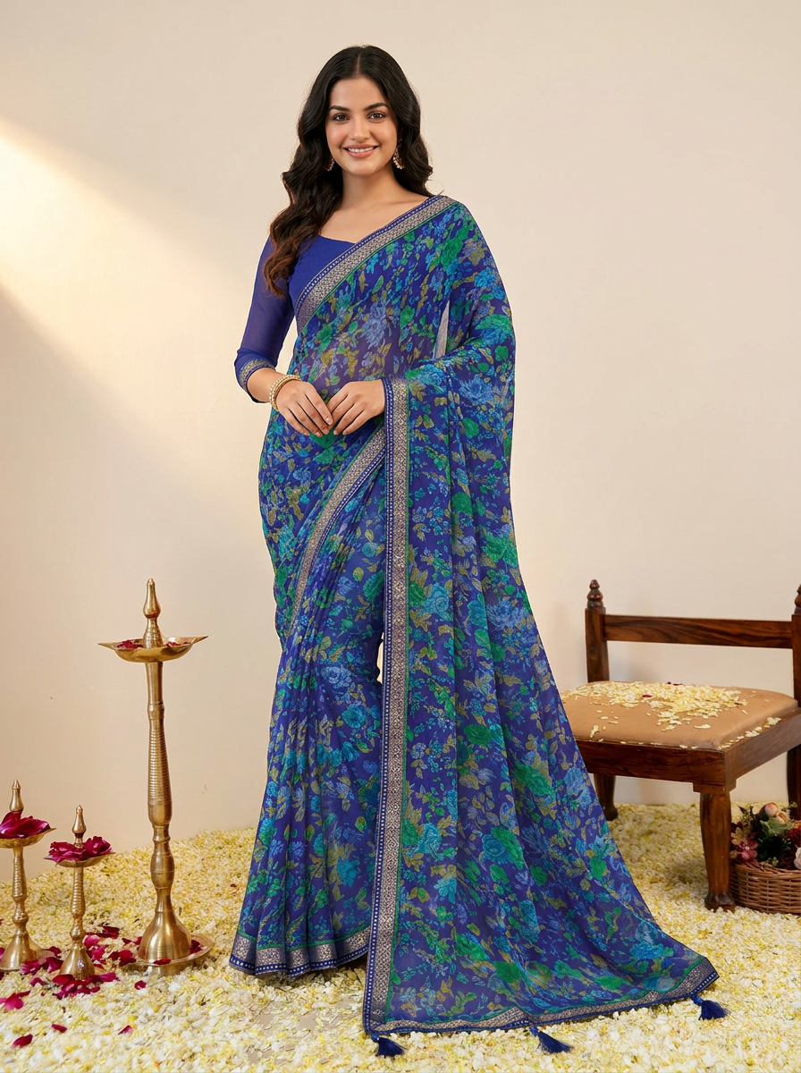 Aarna Floral Printed Chiffon Saree with Lace Border - 02 hero