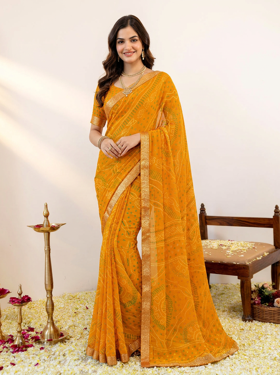 Ishani Bandhani Printed Chiffon Saree with Lace Border - 02 hero