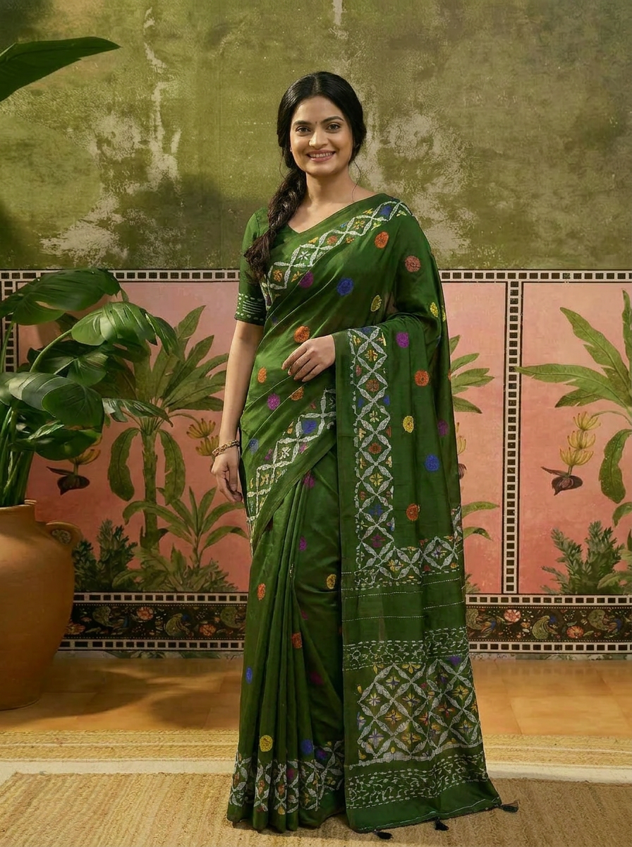 Pure Cotton Bottle Green Artistic Printed Saree with Contrast Pallu - 02 hero