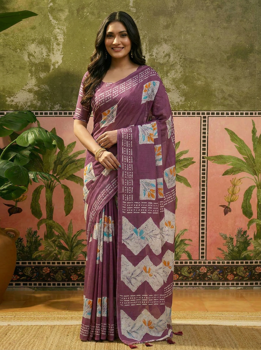 Olive Green Batik Printed Mulmul Cotton Saree