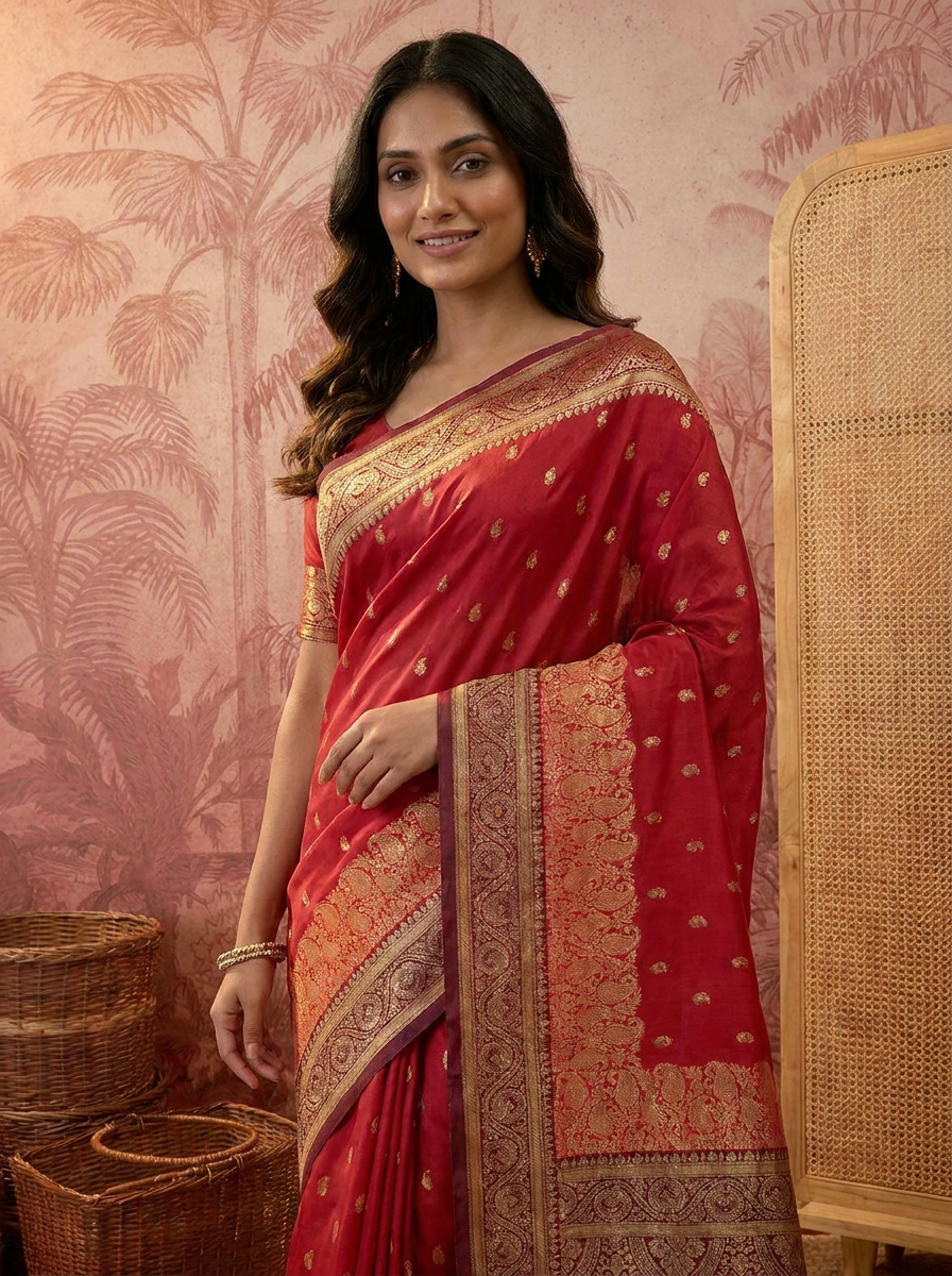 Elegant Rani Pink Banarasi Style Zari Woven Saree with Rich Golden Designer Pallu – Wedding & Festive Wear