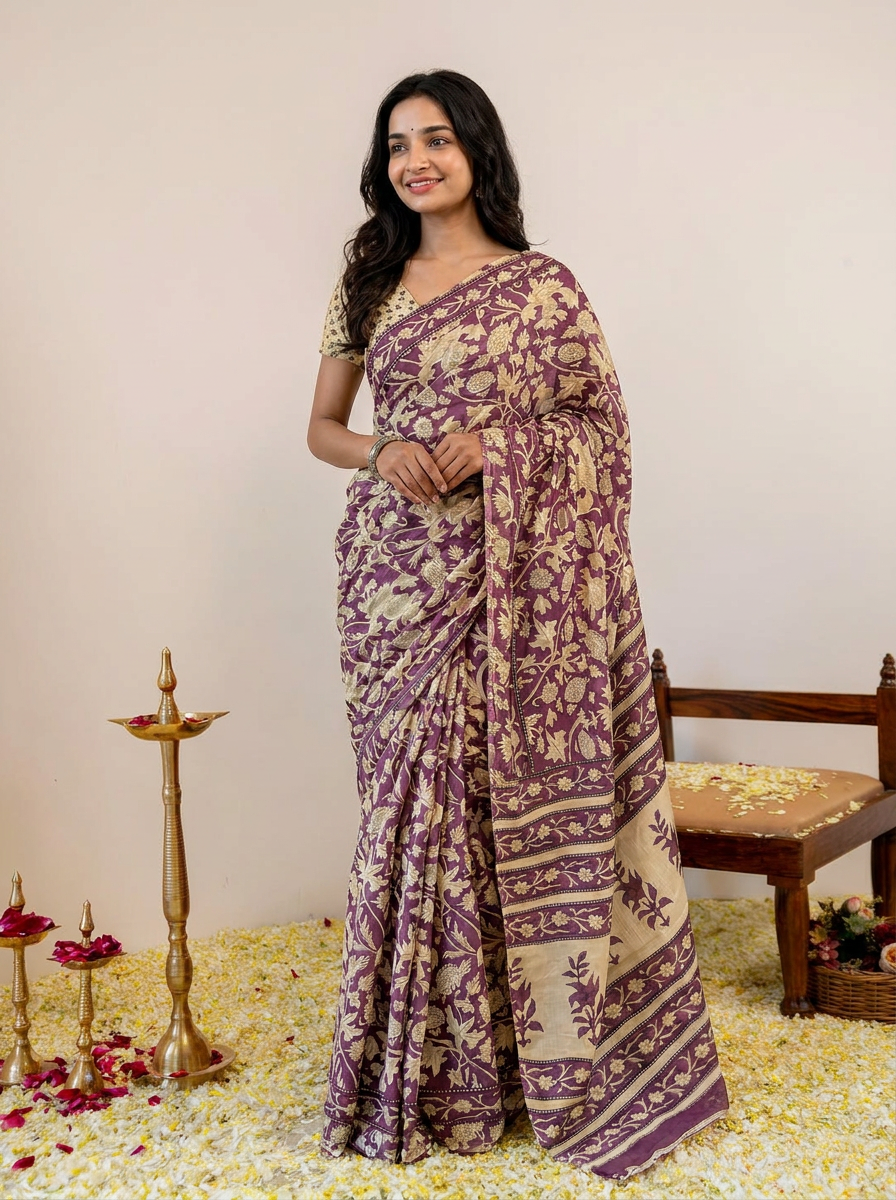 Pure Cotton Mauve Saree with Beige Floral Print & Elegant Border