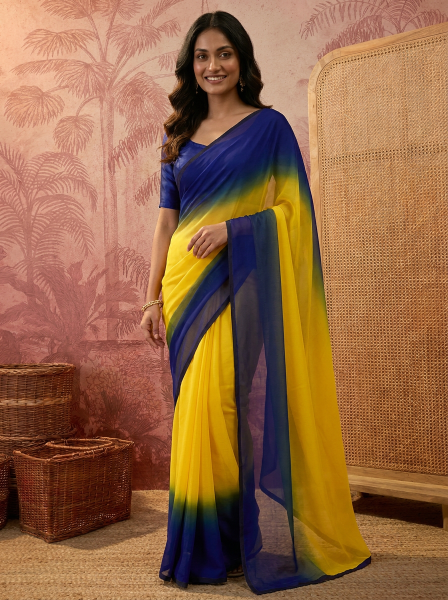 Stylish Green Yellow Ombre Chiffon Saree with Gradient Design – Trendy Party & Casual Wear - 02 hero