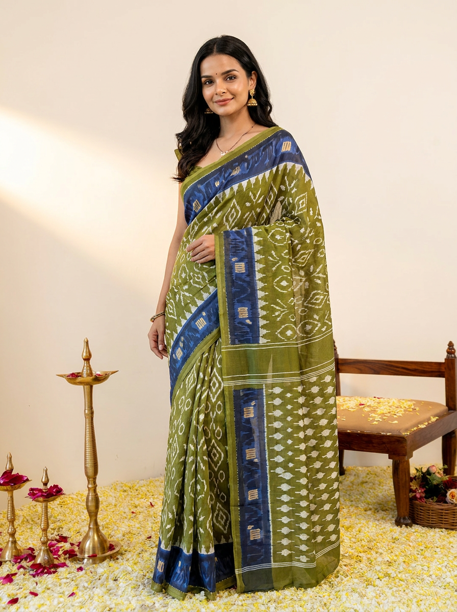 Pure Cotton Olive Green Saree with Navy Blue Border & Ikat Prints