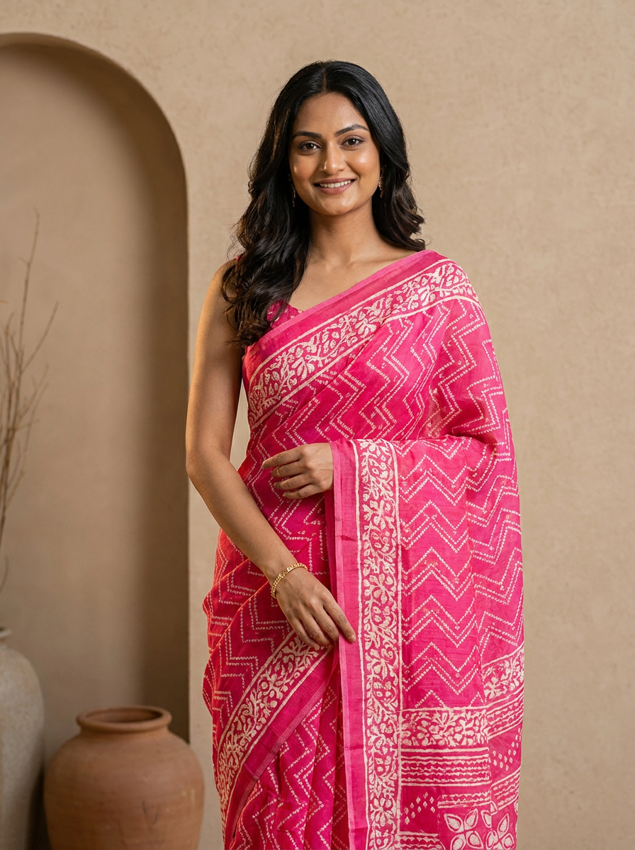 Graceful Pure Cotton Pink Printed Saree with White Ethnic Patterns - 02 hero