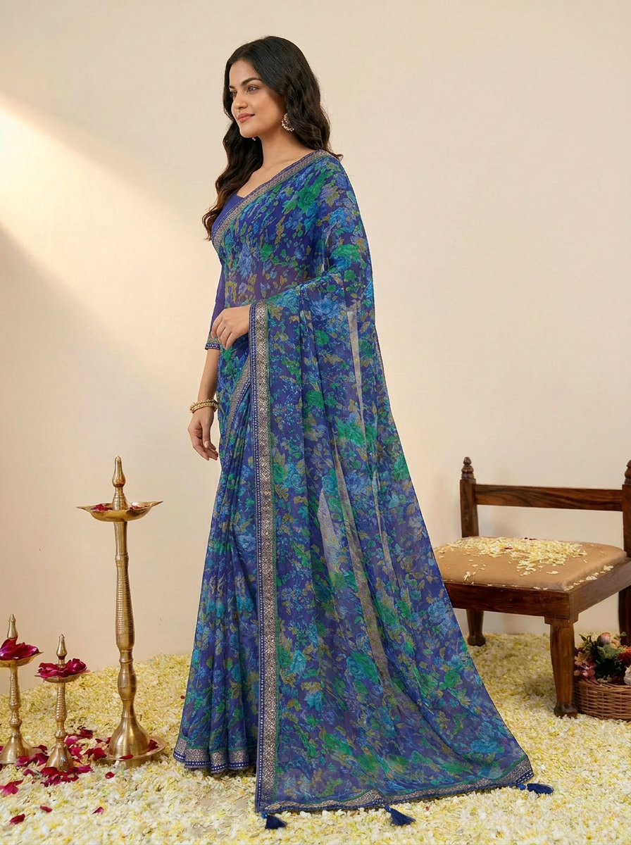 Aarna Floral Printed Chiffon Saree with Lace Border