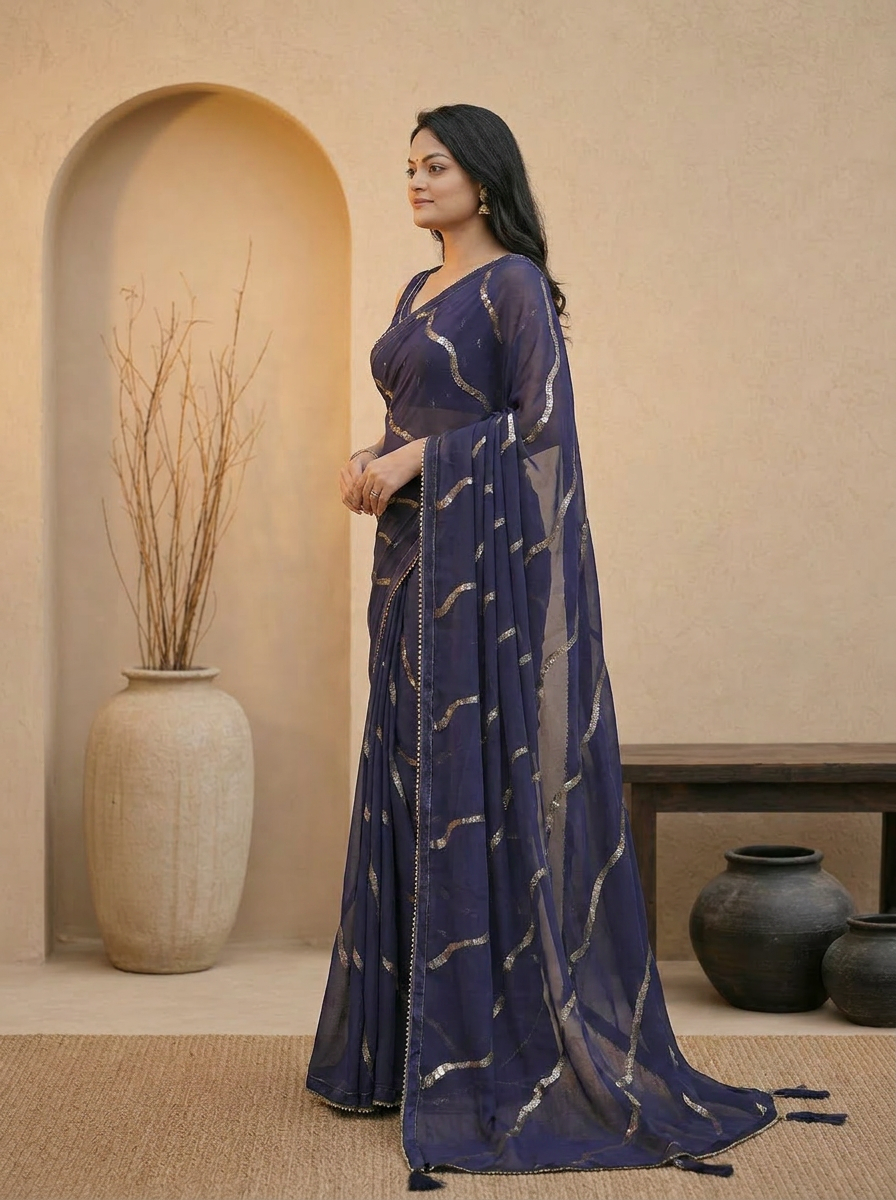 Swarna Stripe Tassel Georgette Saree