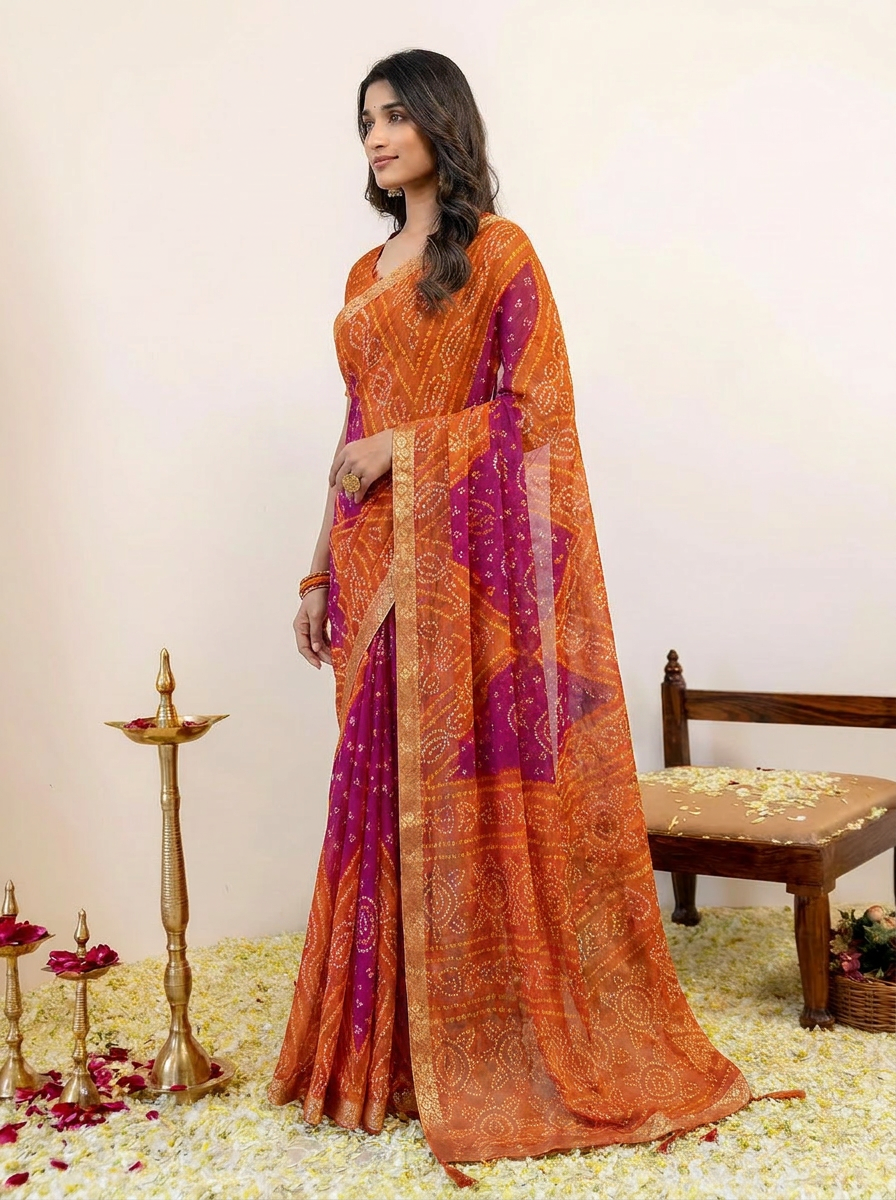 Rangriti Bandhani Chiffon Saree with Lace Border - 03 side