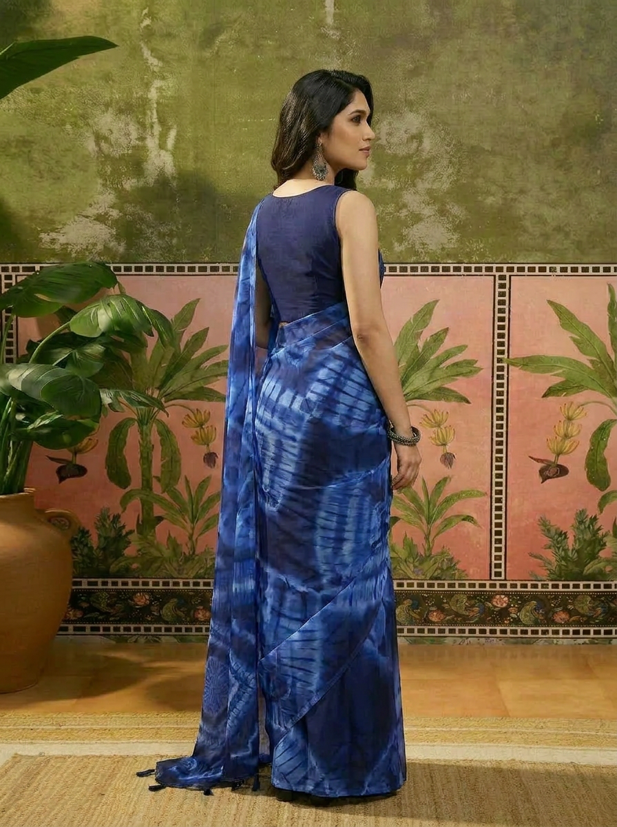 Elegant Royal Blue Tie-Dye Printed Saree Ã¢â‚¬â€œ Stylish Party & Casual Wear - 03 side