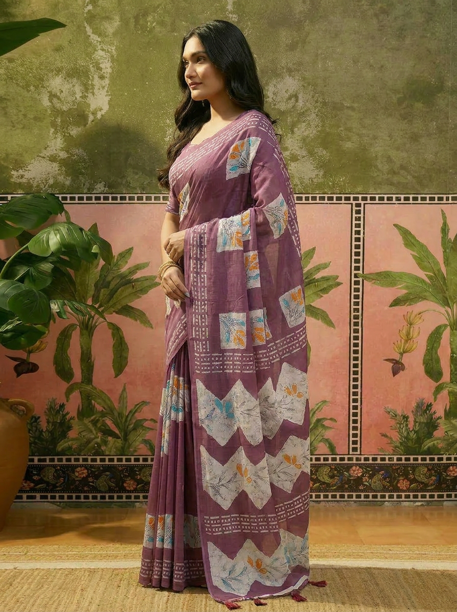 Olive Green Batik Printed Mulmul Cotton Saree