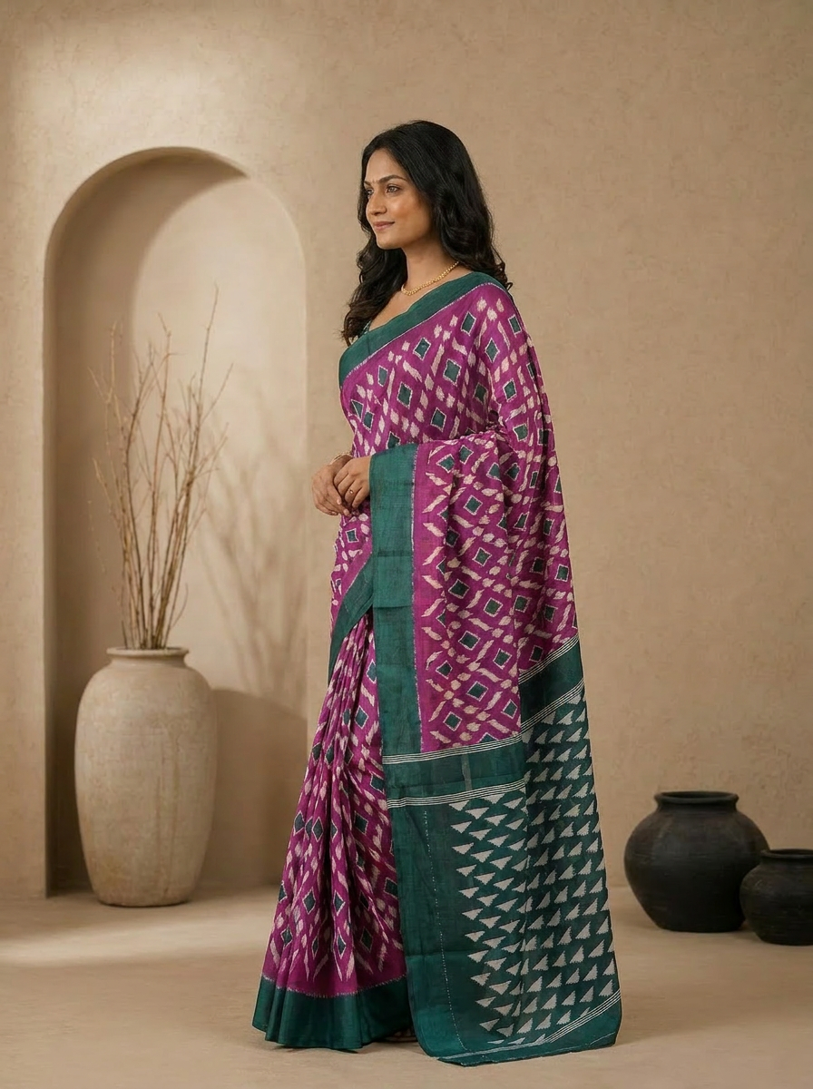Pure Cotton Pink Saree with Rama Border & Floral Motifs - 03 side