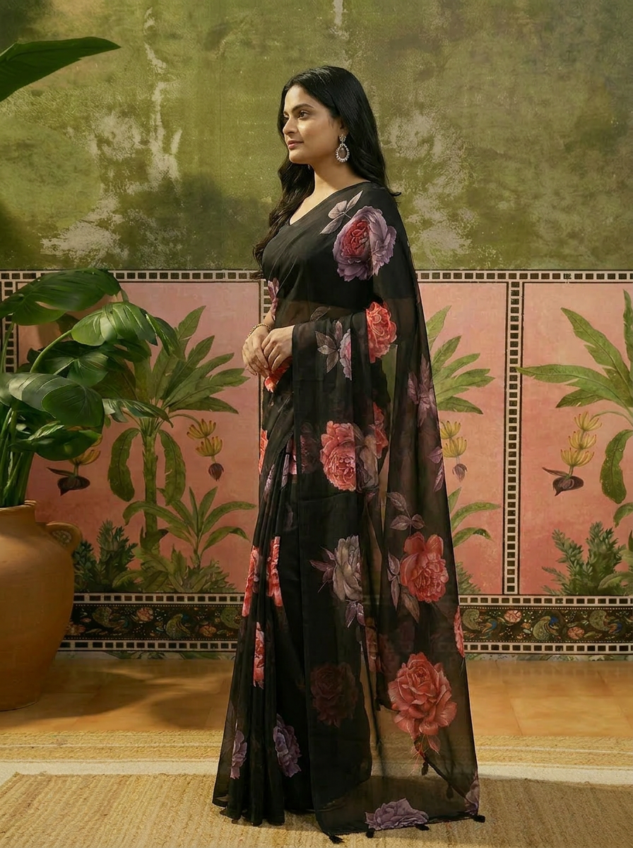 Elegant Black Floral Printed Chiffon Saree with Flower Design – Stylish Party & Casual Wear - 03 side (1)