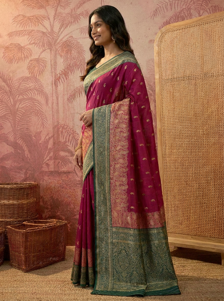 Elegant Rani Pink Banarasi Style Zari Woven Saree with Rich Golden Designer Pallu – Wedding & Festive Wear