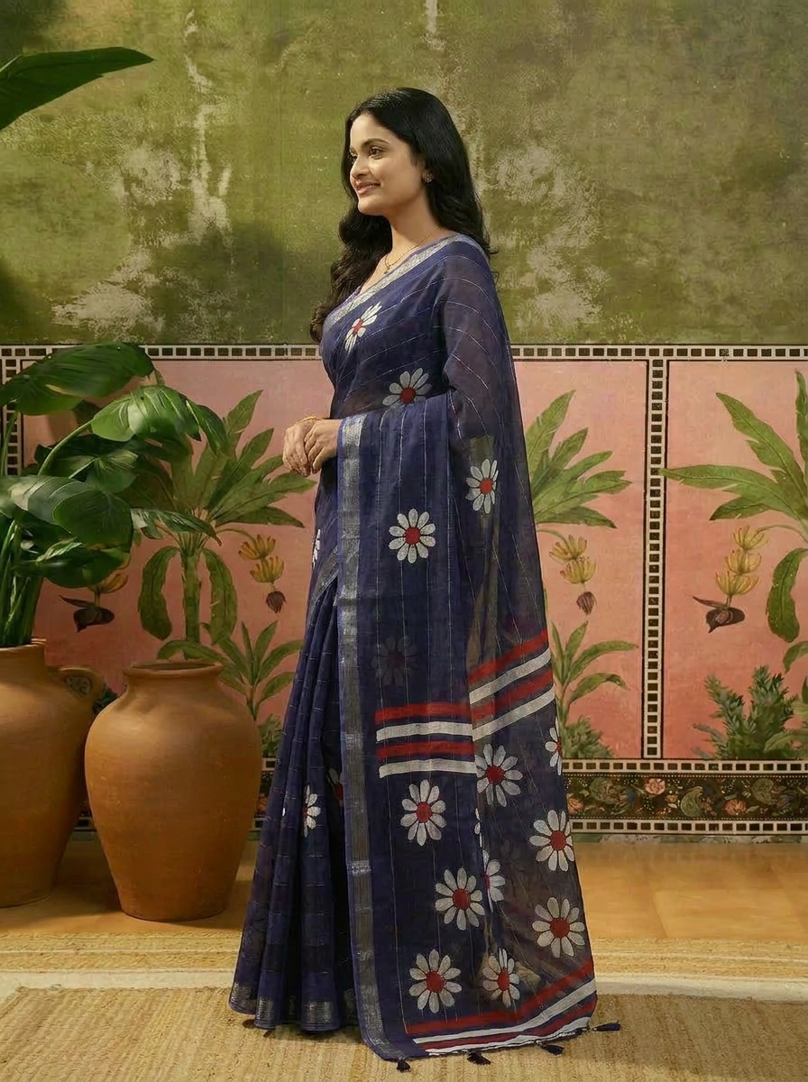 Aarohi Silk Blend Floral Saree with Woven Jari Work - 03 side (1)