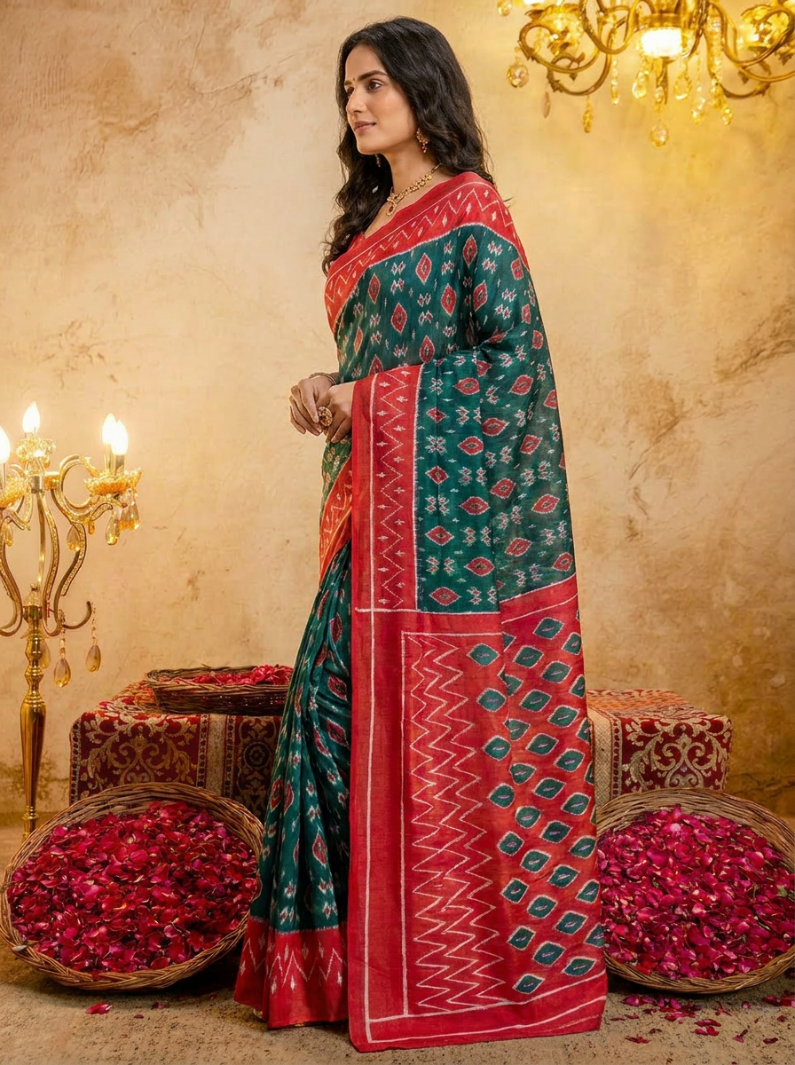 Rama green ikkat print cotton saree with blouse