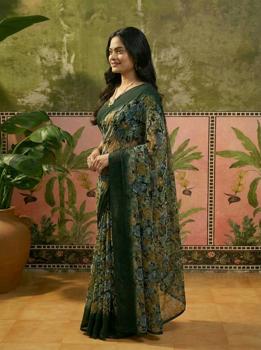 Elegant Black Floral Printed Chiffon Saree with Stylish Border – Party & Festive Wear - 03 side (1)
