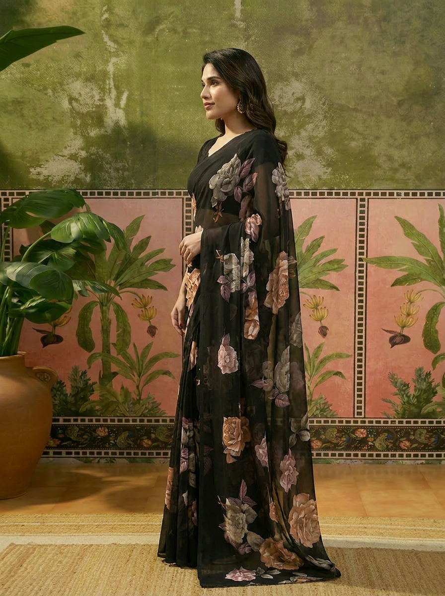 Elegant Black Floral Printed Chiffon Saree with Flower Design – Stylish Party & Casual Wear - 03 side (1)