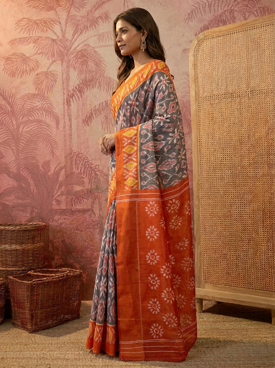 Pochampally Ikat Handloom Saree in Vibrant Orange and Blue.