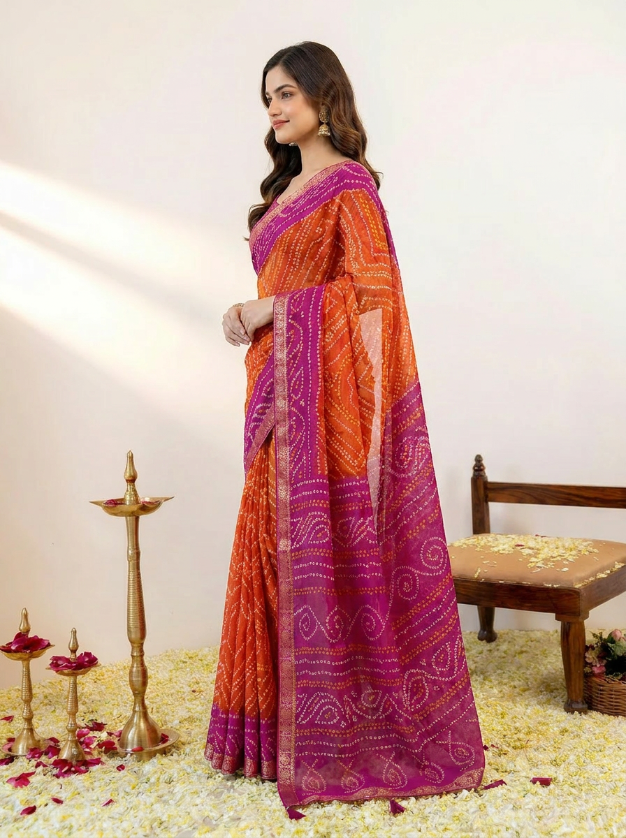 Rangriti Bandhani Chiffon Saree with Lace Border - 03 side (1)