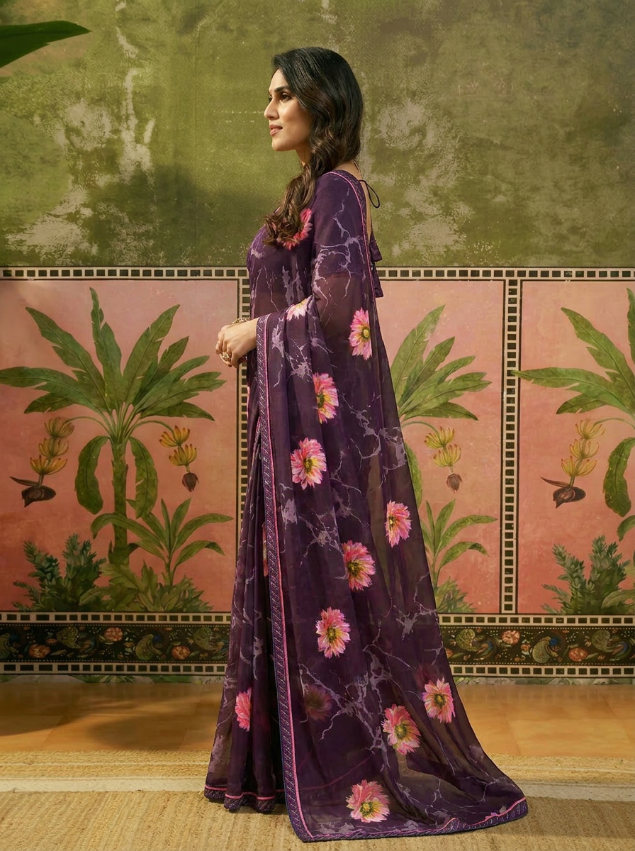 Elegant Olive Brown Floral Printed Saree with Pink Flower Design Ã¢â‚¬â€œ Stylish Party & Casual Wear - 03 side (1)