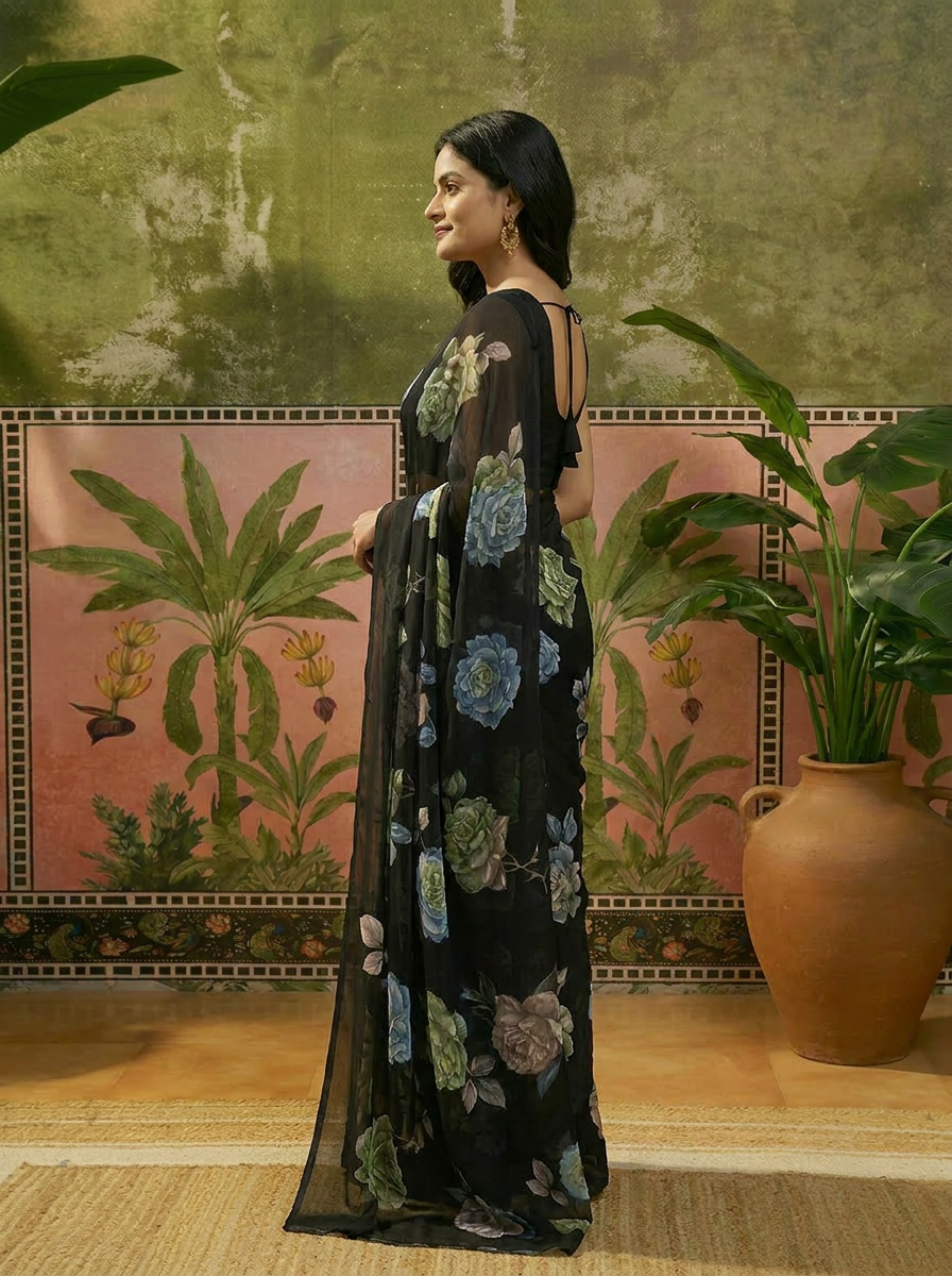 Elegant Black Floral Printed Chiffon Saree with Flower Design – Stylish Party & Casual Wear - 03 side (1)