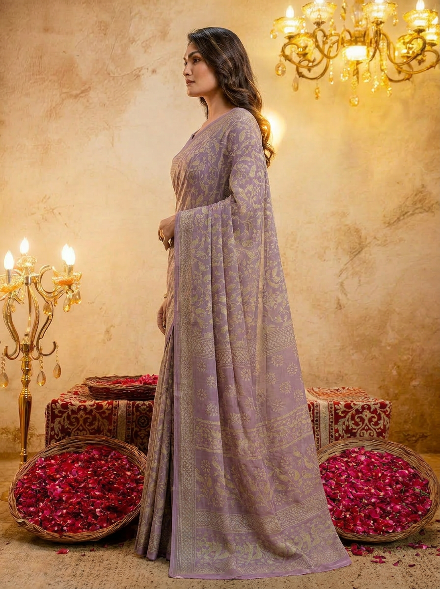 Sea Blue Cotten Saree with Golden Paisley Prints - 03 side (1)