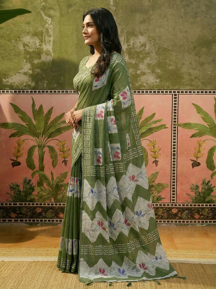 Olive Green Batik Printed Mulmul Cotton Saree - 03 side (1)