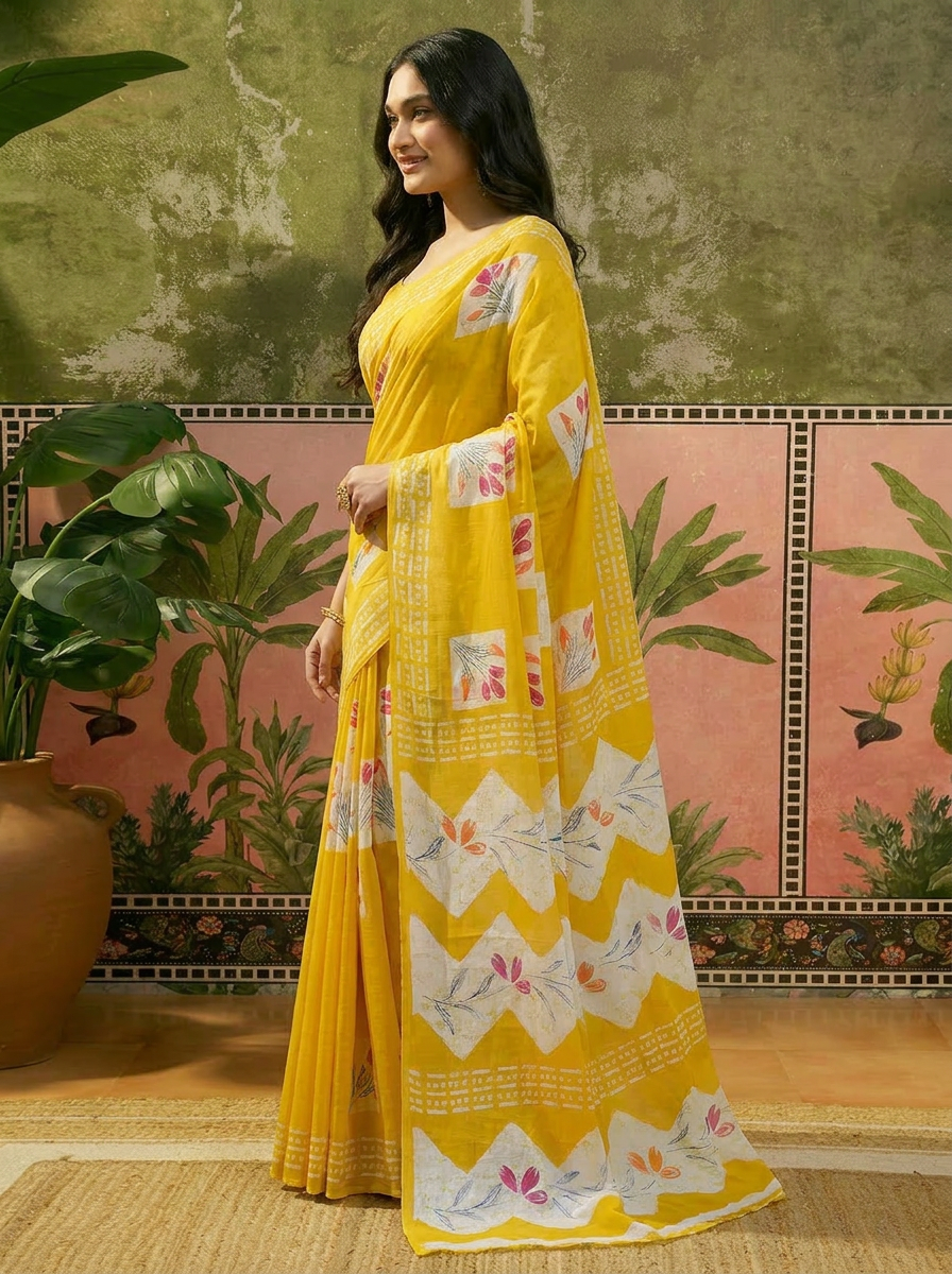 Olive Green Batik Printed Mulmul Cotton Saree - 03 side (1)