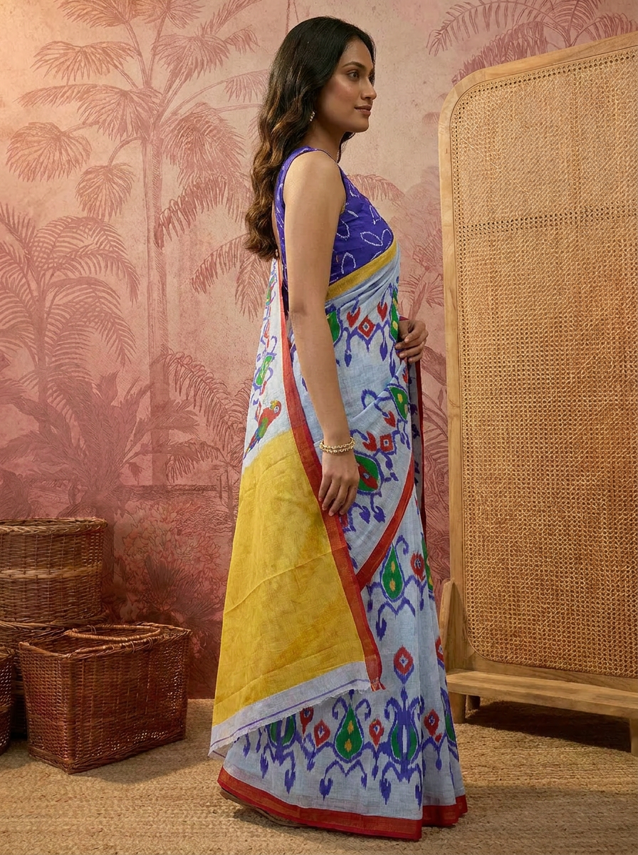 Pure Cotton Light Blue Saree with Multicolor Ikat Inspired Prints - 03 side